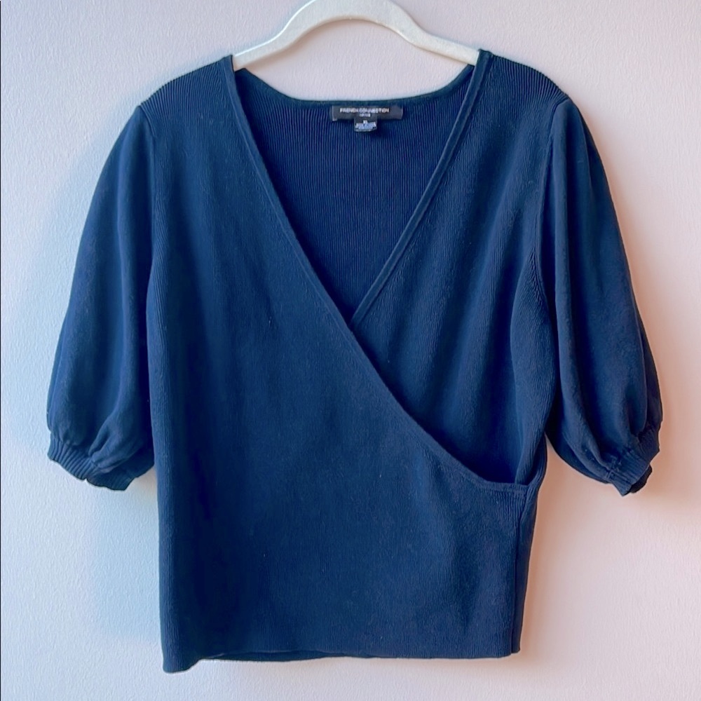 French Connection Women's Puff Sleeve Faux-Wrap Cotton Top, Navy, Extra Large